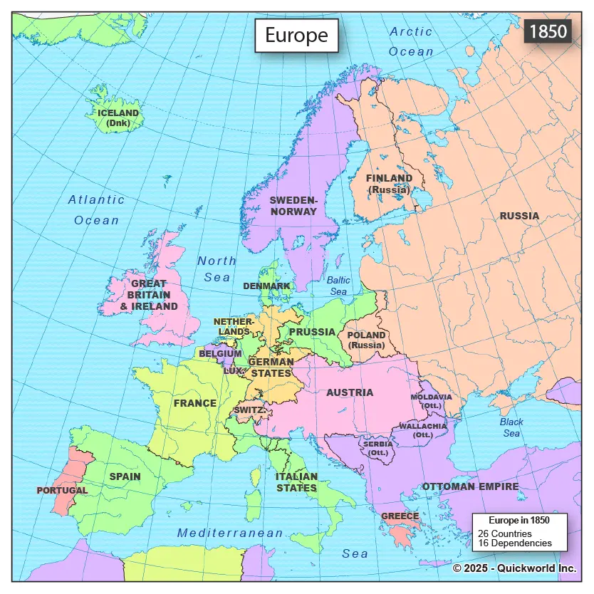 Europe Map 1850 Powers And Kingdoms Before Unification Wars